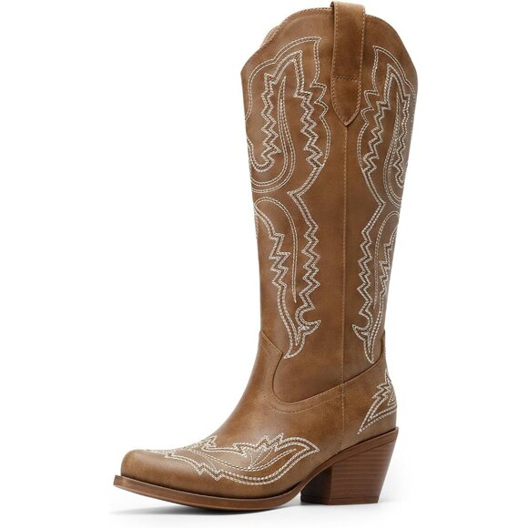 Women's Brown Square Toe Comfortable Side Zipper Tall Cowboy Knee High Boots